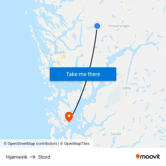 Hjørnevik to Stord map