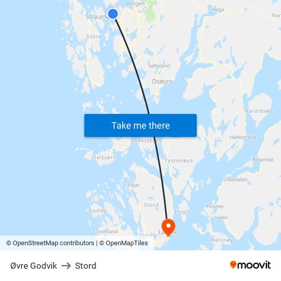 Øvre Godvik to Stord map