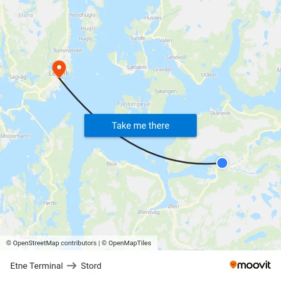 Etne Terminal to Stord map