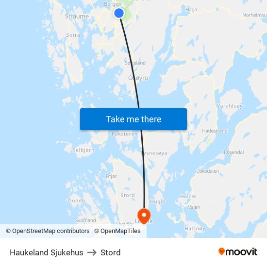 Haukeland Sjukehus to Stord map