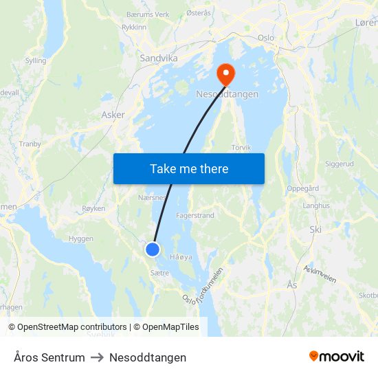 Åros Sentrum to Nesoddtangen map