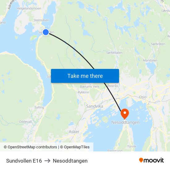 Sundvollen E16 to Nesoddtangen map