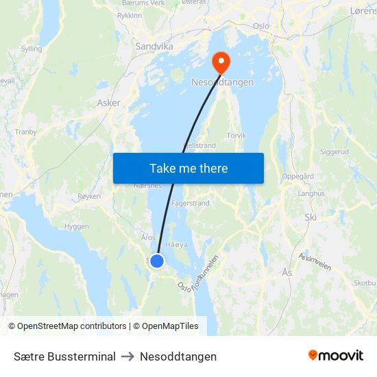 Sætre Bussterminal to Nesoddtangen map