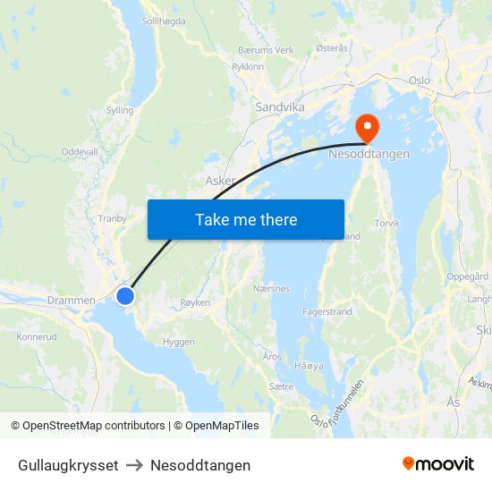 Gullaugkrysset to Nesoddtangen map