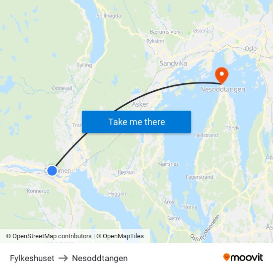 Fylkeshuset to Nesoddtangen map