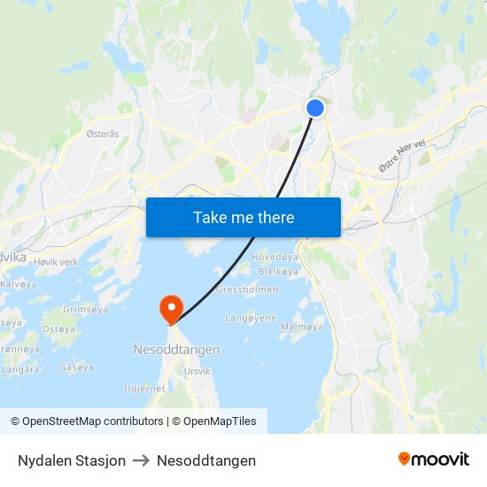 Nydalen Stasjon to Nesoddtangen map