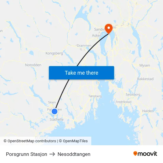 Porsgrunn Stasjon to Nesoddtangen map
