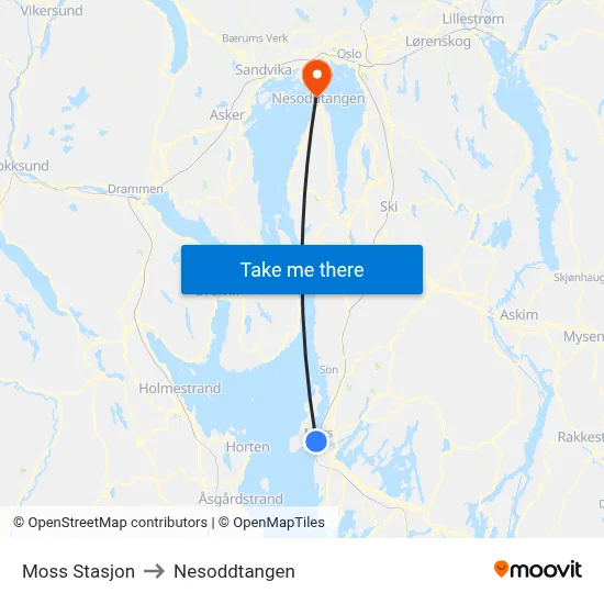 Moss Stasjon to Nesoddtangen map