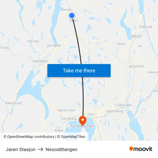 Jaren Stasjon to Nesoddtangen map