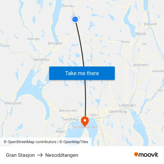 Gran Stasjon to Nesoddtangen map