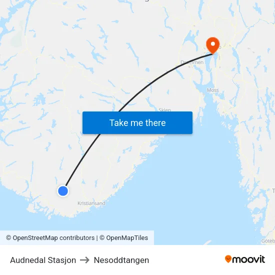 Audnedal Stasjon to Nesoddtangen map