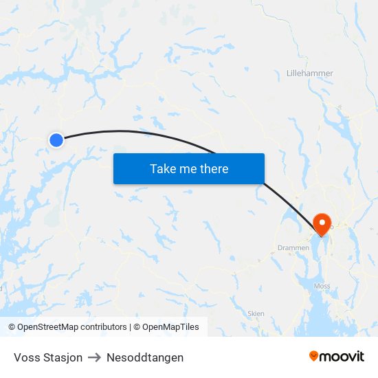 Voss Stasjon to Nesoddtangen map