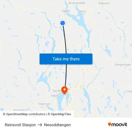 Reinsvoll Stasjon to Nesoddtangen map