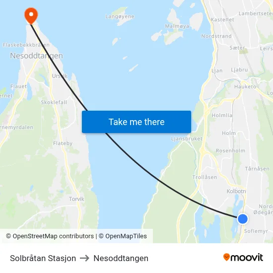 Solbråtan Stasjon to Nesoddtangen map