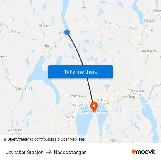 Jevnaker Stasjon to Nesoddtangen map