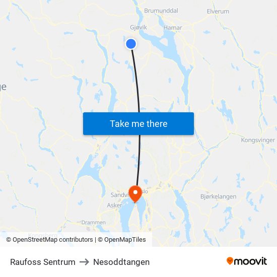 Raufoss Sentrum to Nesoddtangen map