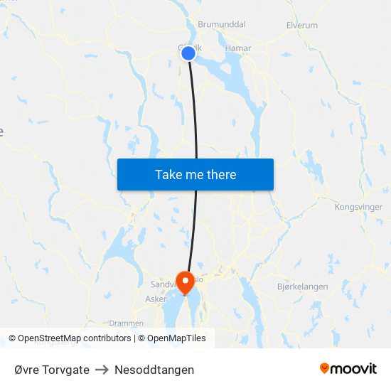 Øvre Torvgate to Nesoddtangen map