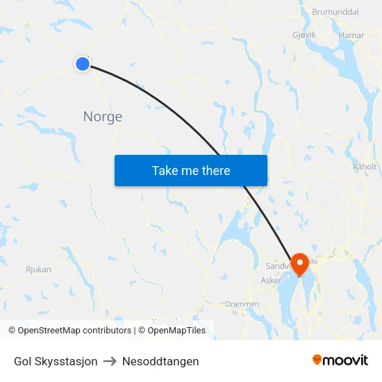 Gol Skysstasjon to Nesoddtangen map