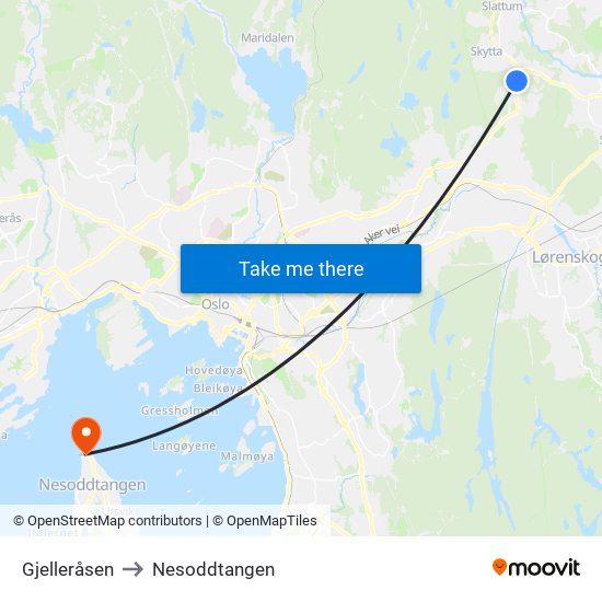 Gjelleråsen to Nesoddtangen map