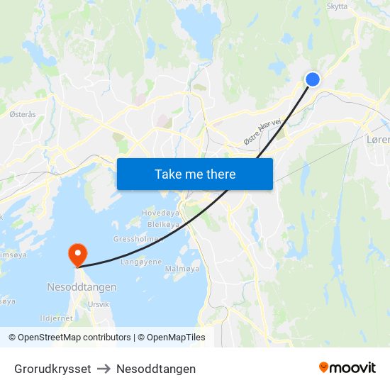 Grorudkrysset to Nesoddtangen map