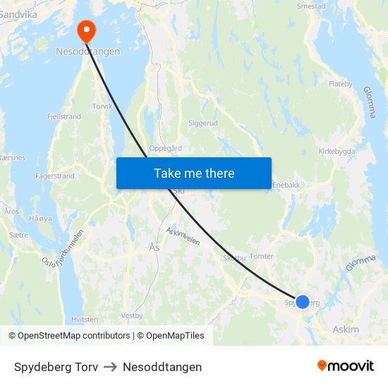 Spydeberg Torv to Nesoddtangen map