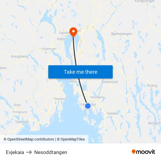 Evjekaia to Nesoddtangen map