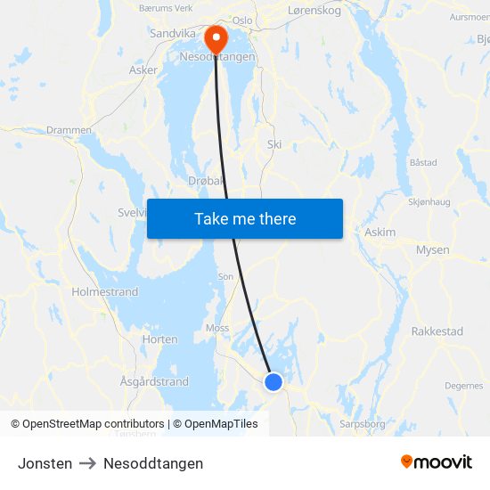 Jonsten to Nesoddtangen map