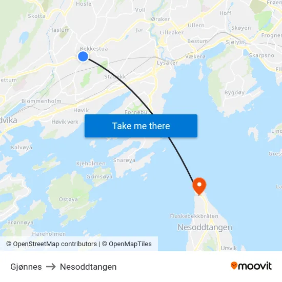 Gjønnes to Nesoddtangen map