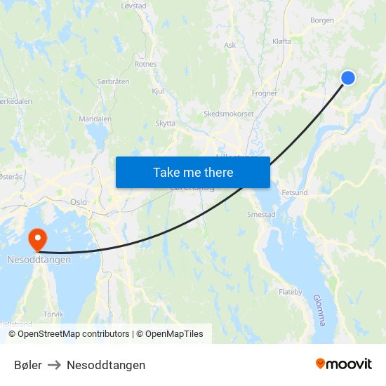 Bøler to Nesoddtangen map