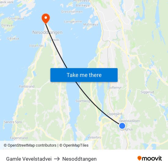 Gamle Vevelstadvei to Nesoddtangen map