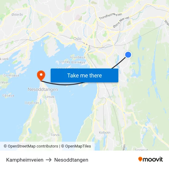Kampheimveien to Nesoddtangen map