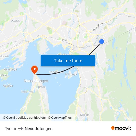 Tveita to Nesoddtangen map