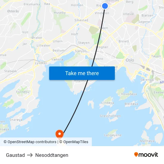Gaustad to Nesoddtangen map