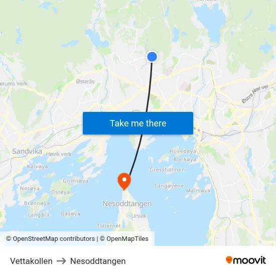 Vettakollen to Nesoddtangen map