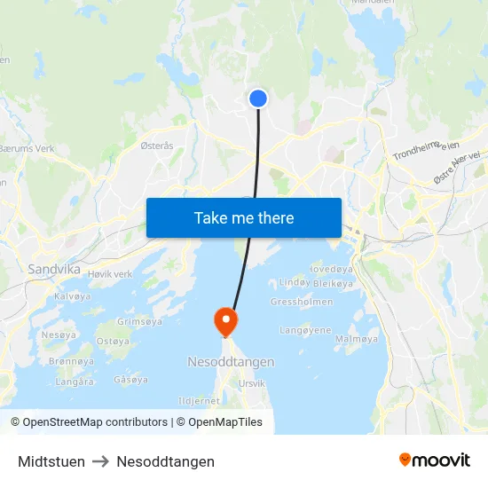 Midtstuen to Nesoddtangen map