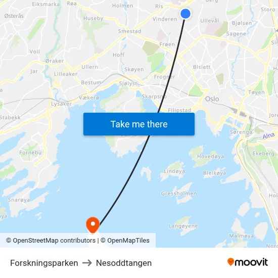 Forskningsparken to Nesoddtangen map