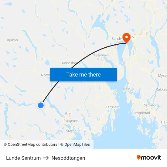 Lunde Sentrum to Nesoddtangen map