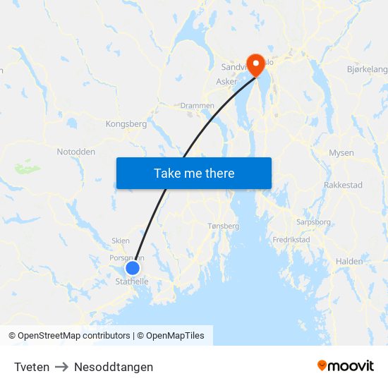 Tveten to Nesoddtangen map