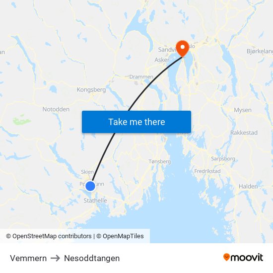 Vemmern to Nesoddtangen map