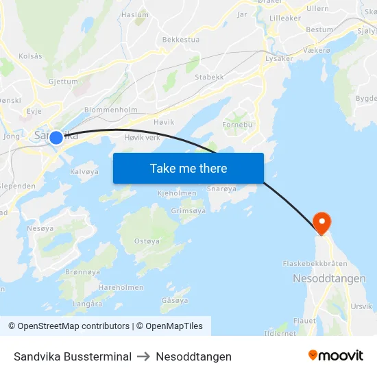 Sandvika Bussterminal to Nesoddtangen map