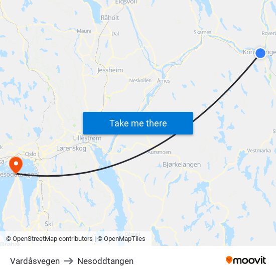 Vardåsvegen to Nesoddtangen map