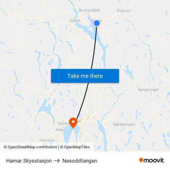 Hamar Skysstasjon to Nesoddtangen map