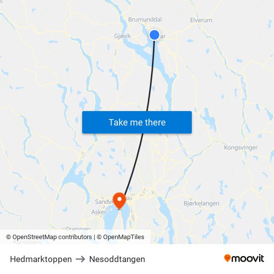 Hedmarktoppen to Nesoddtangen map