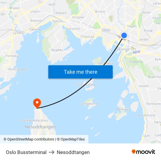 Oslo Bussterminal to Nesoddtangen map