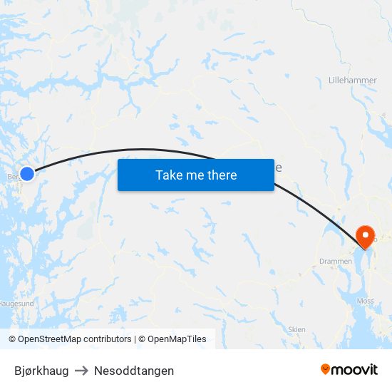 Bjørkhaug to Nesoddtangen map