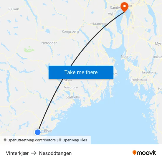 Vinterkjær to Nesoddtangen map