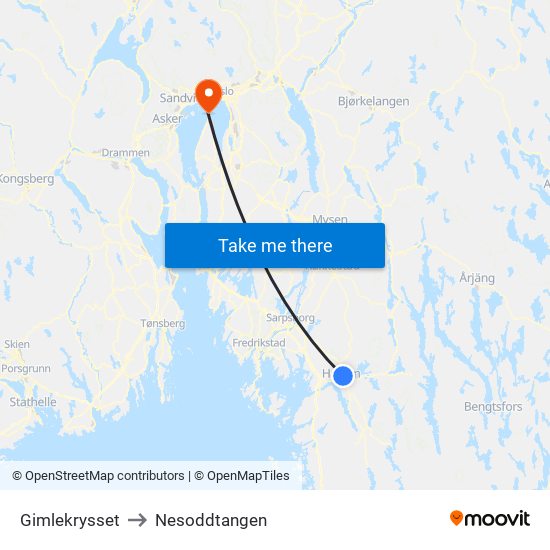 Gimlekrysset to Nesoddtangen map