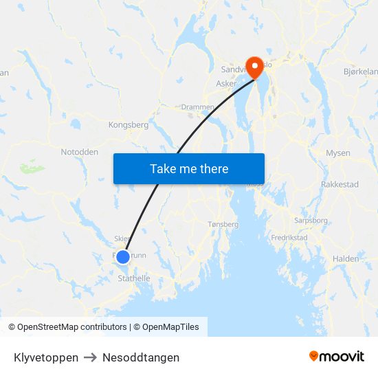 Klyvetoppen to Nesoddtangen map