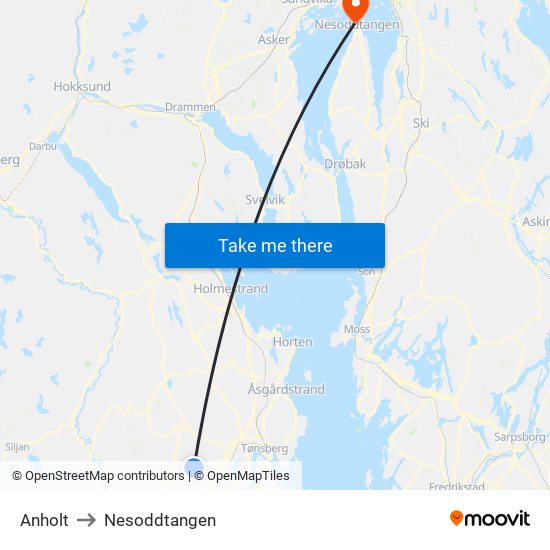 Anholt to Nesoddtangen map