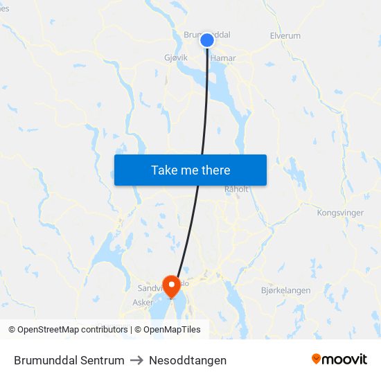 Brumunddal Sentrum to Nesoddtangen map